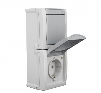 Intrerupator+priza cu PE si capac, 16A, montaj vert, IP54