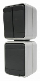 Intreruptor dublu + priza cu capac IP44, gri/gri
