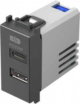 USB 2-gang power supply, 20W, 5V, 3A, 1M, anthracite