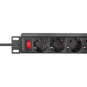 PDU 10, 4x Schuko, 1U, cablu 2m, comutator, Negru, ALU