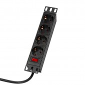 PDU 10, 4x Schuko, 1U, cablu 2m, comutator, Negru, ALU