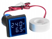 Volt/Amper-metru, 22.5mm, 0-100A, 50-500VAC, albastru drept.